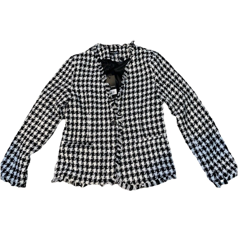 Alloy Apparel NWT Size L Black & White Houndstooth Tweed Fringe Jacket Blazer